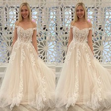 Beach Wedding Dresses Off The Shoulder Lace Boho Sweep Train Bridal Gowns