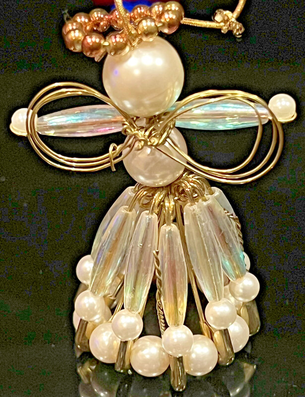 VTG Handmade Safety Pin Angel Ornament 3" Iridescent Pearl Beads Wire Wings
