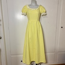Vintage 70s Yellow Puff Sleeve Lace Trim Square Neck Prairie Maxi Dress