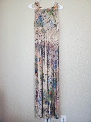 Women's short-sleeved long dress size M with peacock designs, buy beige, stretch