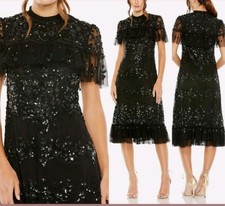 NWT Mac Duggal [ 12 ] SequinedHigh Neck Ruffled Flutter SleeveMidi Dress Black