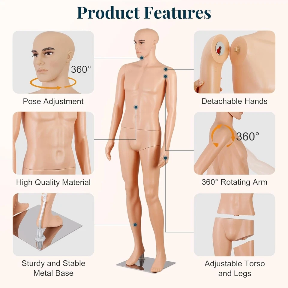 Манекен мужской формы - 73 дюйма мужской манекен на все тело с вращающейся на 360° головой, - Изображение 3 из 4