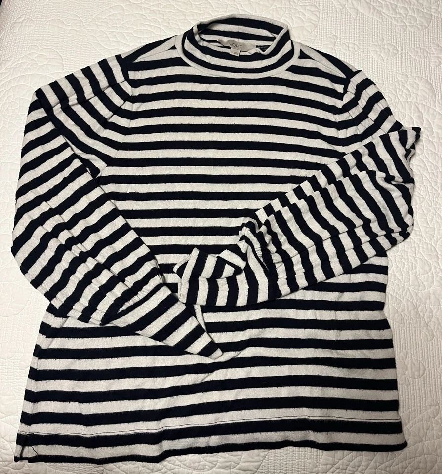 Ann Taylor Loft Cowl Turtle Mock Neck Striped Nautical Puff Sleeve Blouse M - Image 3 of 4