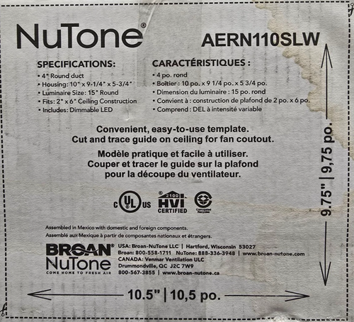 NuTone AERN110SLW White 110CFM Ceiling Humidity Sensing Bathroom Exhaust Fan NEW - Picture 5 of 11
