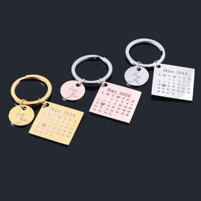 Personalized Custom Name Calendar Engraving Date Heart Stainless Steel Key chain