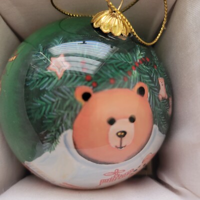 Zhen Zhu Hand Painted Glass Christmas Ornament Box Paperwork Teddy Bear Tree 3''