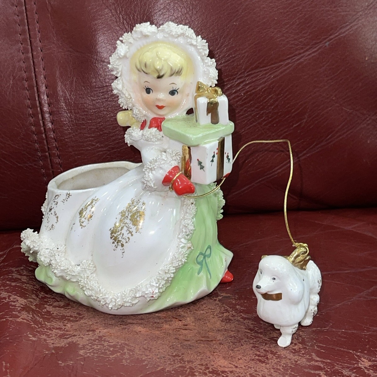 Vtg Napco Christmas Shopper Girl Planter w/ Poodle 1950s Japan