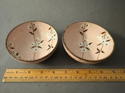 PAIR OF PRUNUS CHERRY BLOSSOM PLUM FLOWER PINK VTG RICE BOWL MARKED CERAMIC