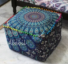 18" Square Ottoman Pouf Cover Indian Blue Multi Mandala Indian Footstool Case