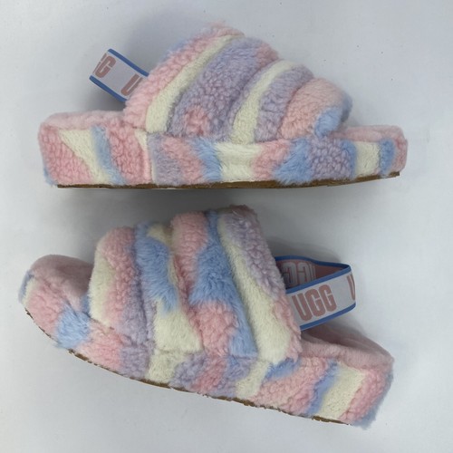 UGG W FLUFF YEAH SLIDE Slipper Cali Collage  Women's 9 Pink Blue White Stripe - Picture 1 of 10