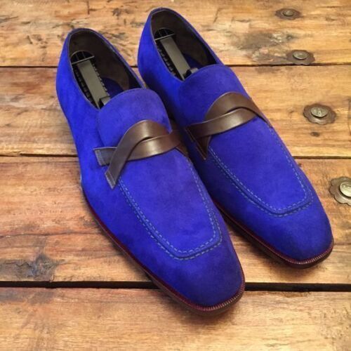Chaussures mocassantes faites main pour hommes, chaussures en daim bleu royal pour hommes, chaussures habillées glands pour hommes - Photo 1 sur 7