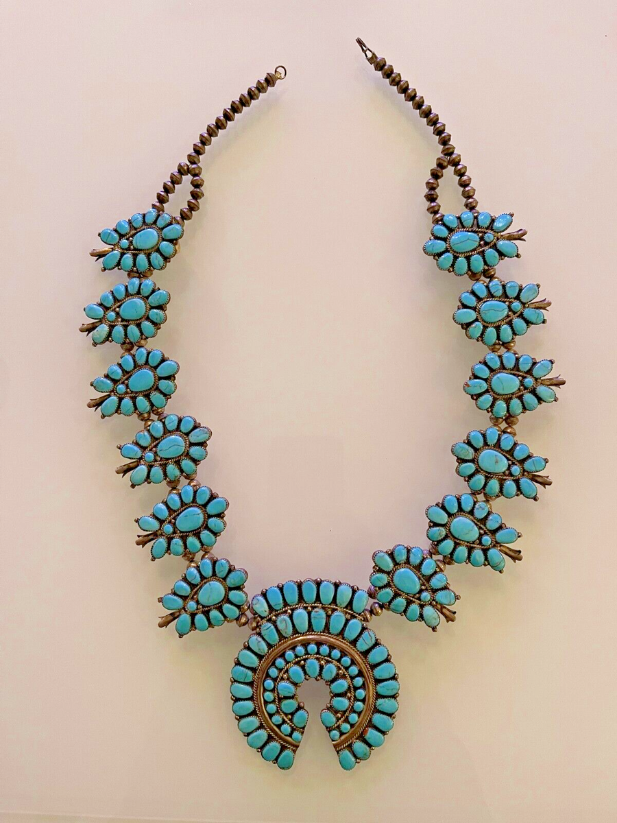 Zuni Native American Sterling Silver Turquoise Squash Blossom