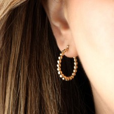 14K Yellow Gold Reversible Striped Bead Hoop Earrings 3mm x 24.5mm