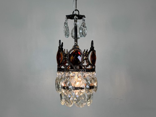 Matching 2 Antique Brass & Crystal Chandelier Lighting Ceiling Lamp Light 1960's - Picture 11 of 12