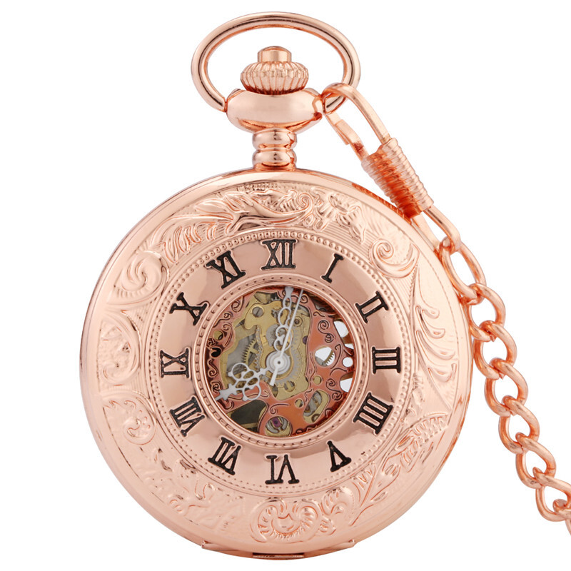 Men's Pocket Watch Mechanical RoseGold/Silver Case Hollow Hand