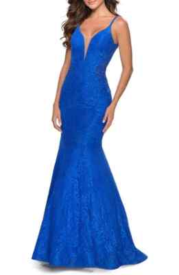 La Femme Electric Blue Sleeveless Lace Sparkle Mermaid Gown Size 8 $508 Prom