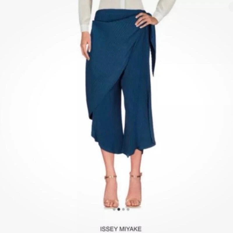 Issey Miyake Womens Blue Pleated Wide Leg Pants Side Sash Rounded Edge Lagenlook