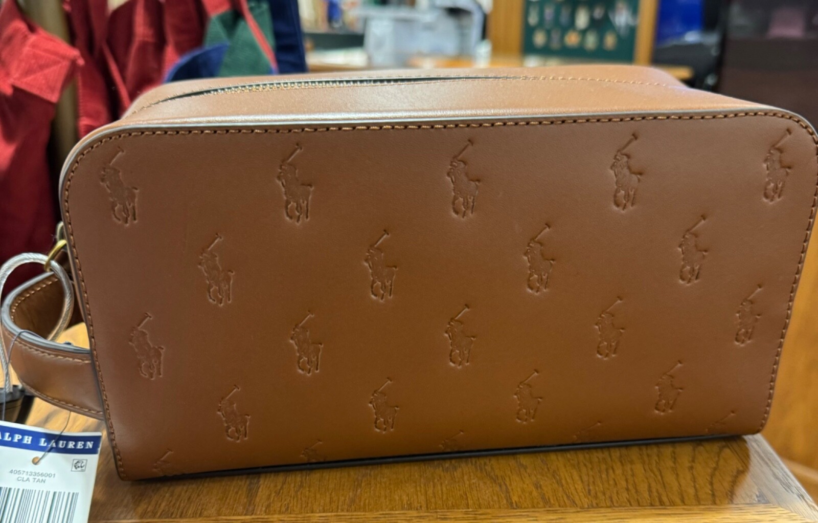 Borsa nuova con etichette Polo Ralph Lauren pelle marrone chiaro goffrata PONY toilette doppia rasatura kit