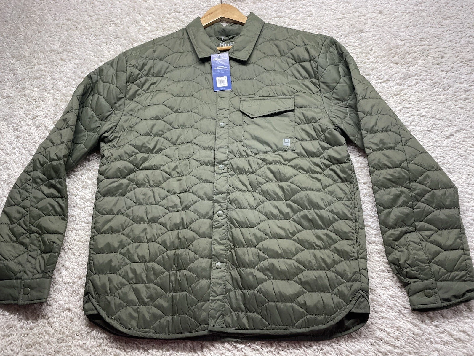 HUK Shacket Mens L Tarpon Quilt Snap Button Jacket Shirt Green Nylon NEW