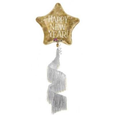 Anagram Happy New Year Gold star Shag Coil Tail Giant 31'' Foil Balloon