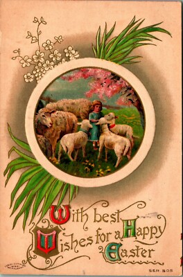 With Best Wishes for Easter Child with Lambs Embossed 1912  DB Postcard E3