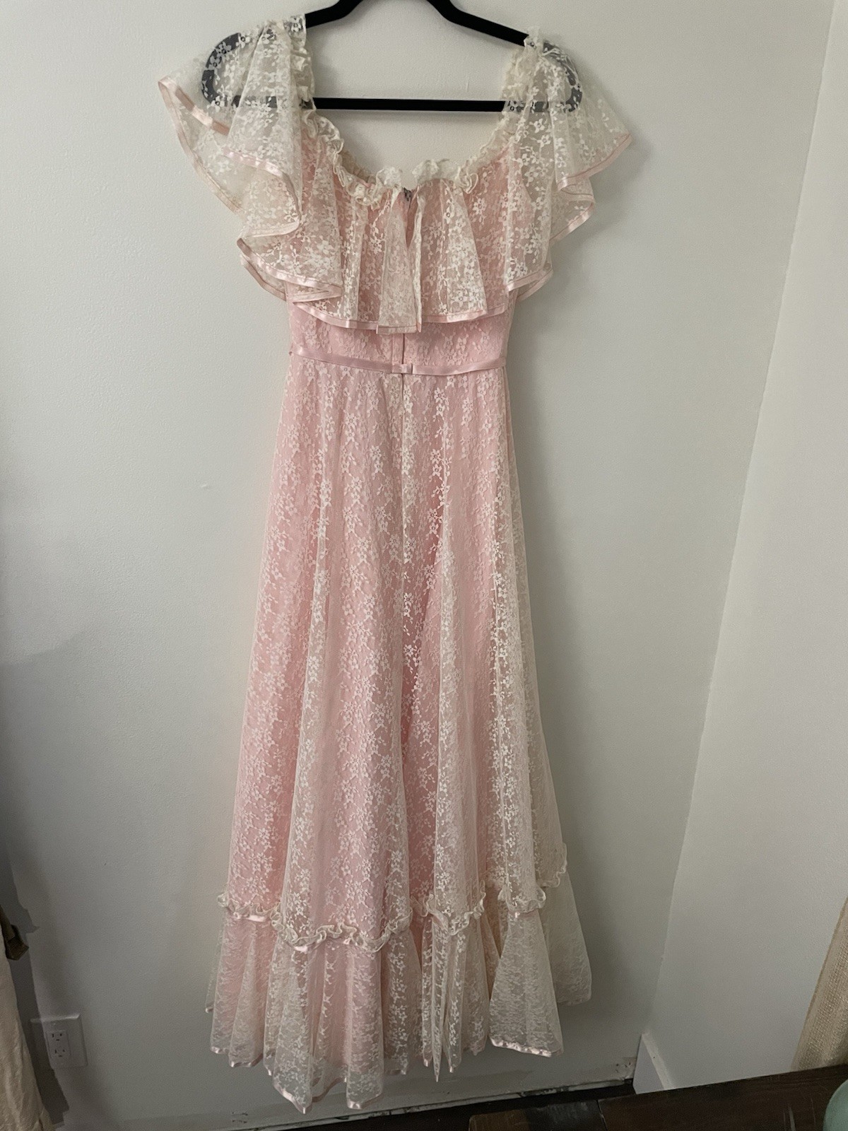Vintage 70s Lorrie Deb San Francisco Pink Lace Prairie Wedding Dress Gown maxi 
