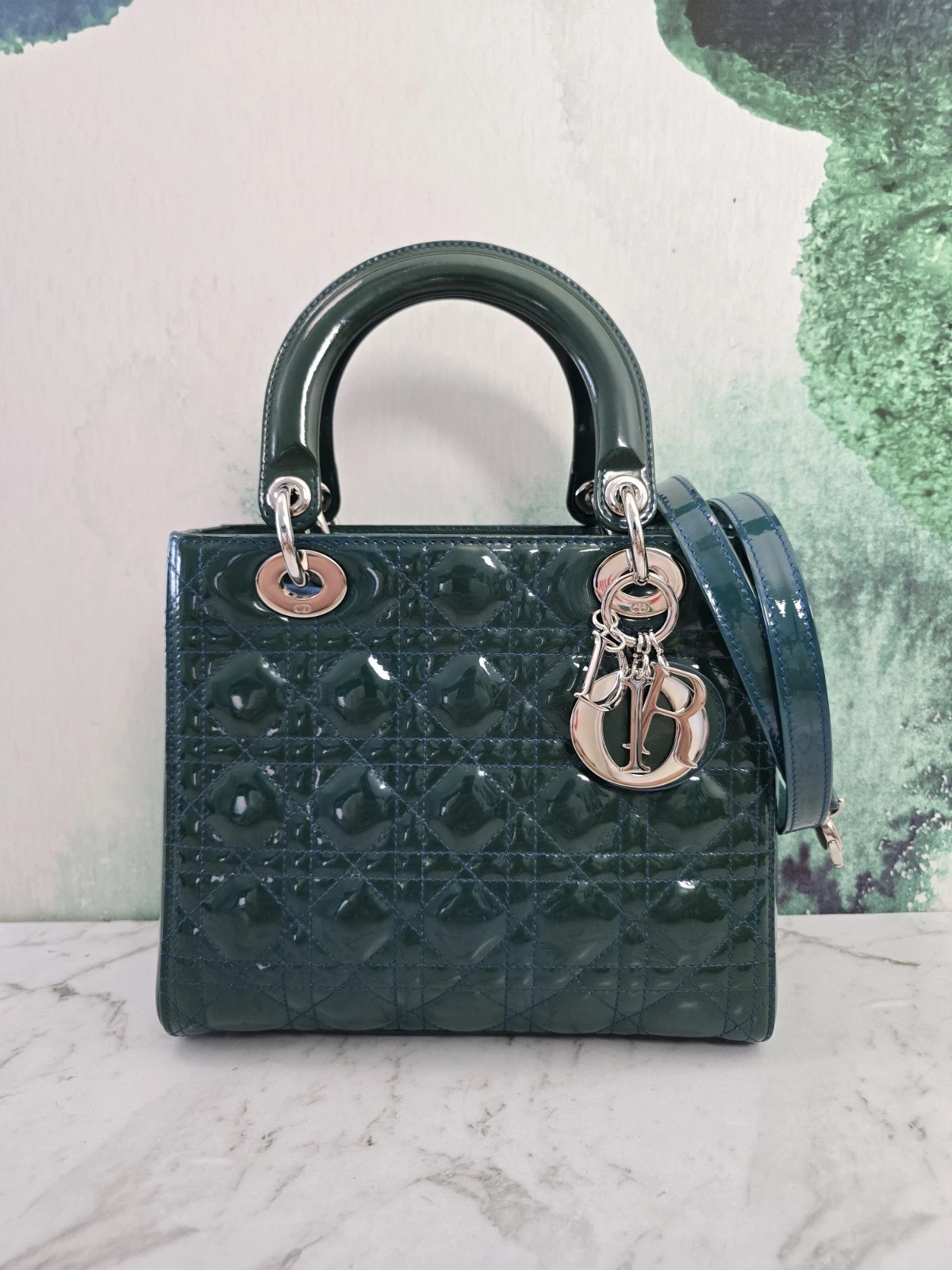 Dior — Christian Dior Lady Dior Standard Dark Green Patent Leather Silver Hardware Bag
