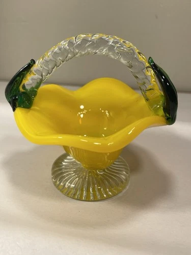 Vintage Murano Yellow Art  Glass Coloured Basket with Handle Applied Leaves
