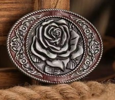 Western Americana Red Rose Floral Design Belt Buckle Oval silver