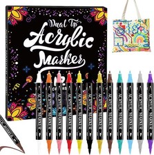 Acrylic Paint Markers Set - 12Pcs Dual Tip Fabric Pens, Washable Permanent pen