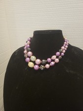 Vintage 2 Strand Necklace Purple Faux Pearl Choker Splatter Japan