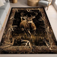 Deer Hunting Rug for Living Room, Camo Deer Rugs, Elk Rustic Carpet, Vintage Sty