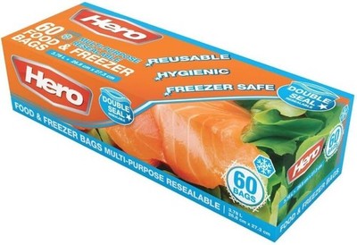 Hero 60 x verschließbare Gefrierbeutel Doppelverschlussbeutel Lebensmittel Mehrweg Sandwichbeutel 3,8L