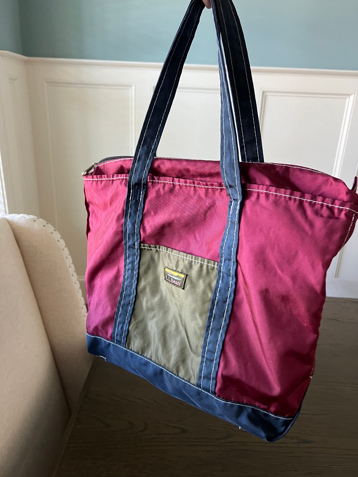 Vintage LL Bean Nylon Boat Tote Bag Zipper Green/Red/Blue