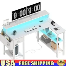 Multifunctional Power Strip Gaming Desk W/ RGB LED Lights Monitor Stand Storage