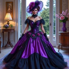 Black Purple Gothic Victorian Dresses Off Shoulder Bustle Lace-up Corset Floral