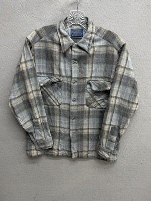 Pendleton Board Shirt Flannel Medium M Loop Flap Pocket Blue Tan Made In USA