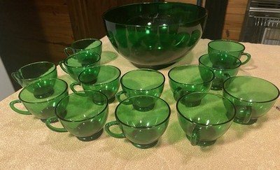 VINTAGE ANCHOR HOCKING 14 pc. PUNCH BOWL SET - FOREST GREEN GLASS - 10'' BOWL