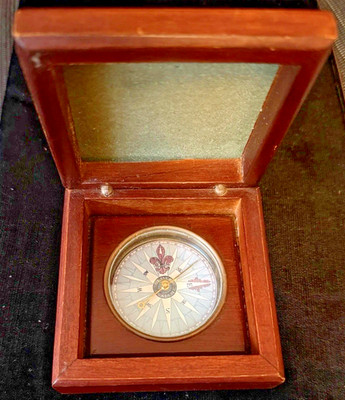 Vintage S. Emery Salem Compass In Mahogany Box, Felt bottom,  Fleur-De-Lis North