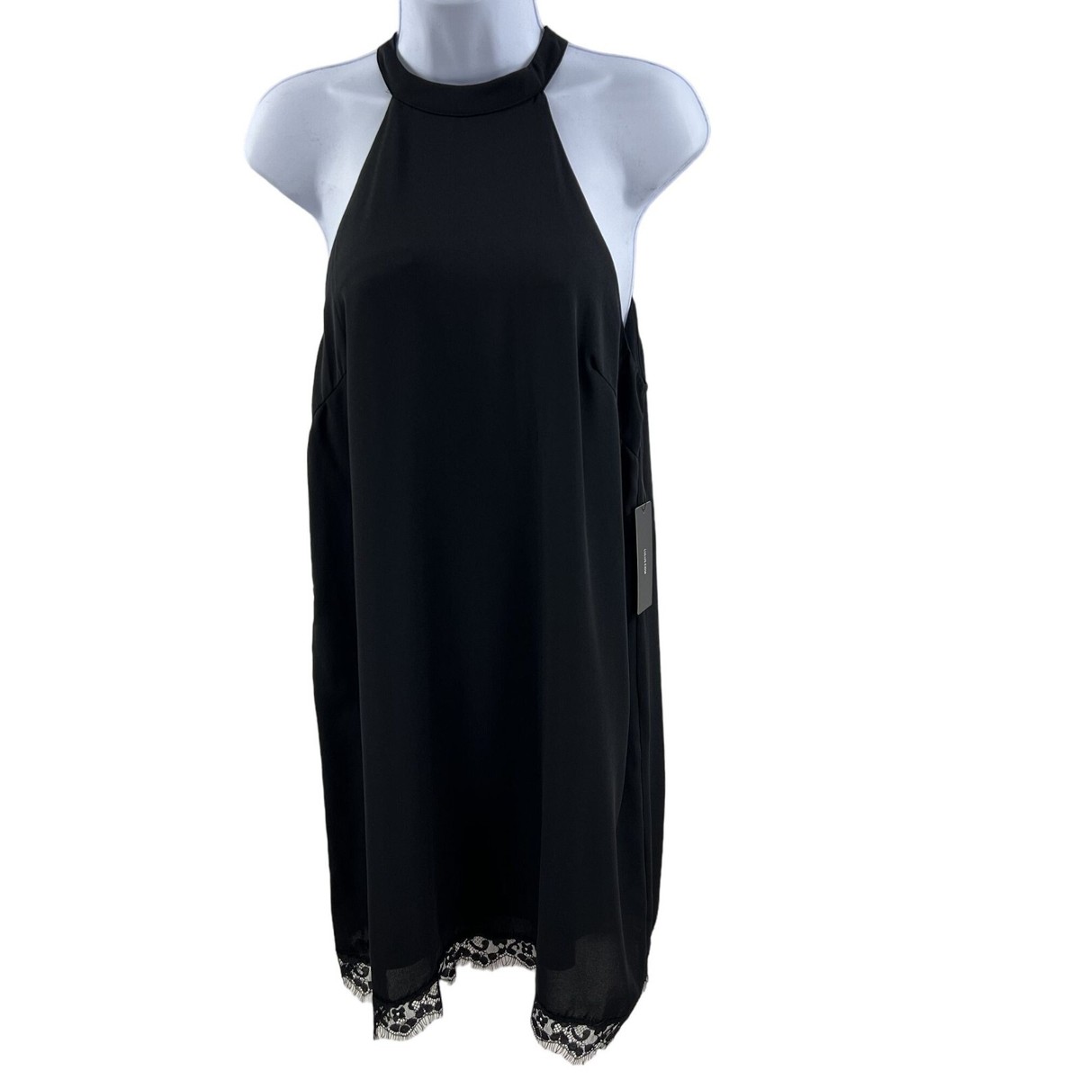 black halter slip dress Lulus NWT M Lace Hem Neck Romantic Goth Witchy Coquette product-type-Mini Dresses