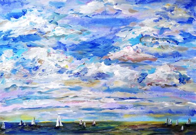 Painting Original Seascape Ships Clouds Ocean Marine Fine Art Seaside Coastal