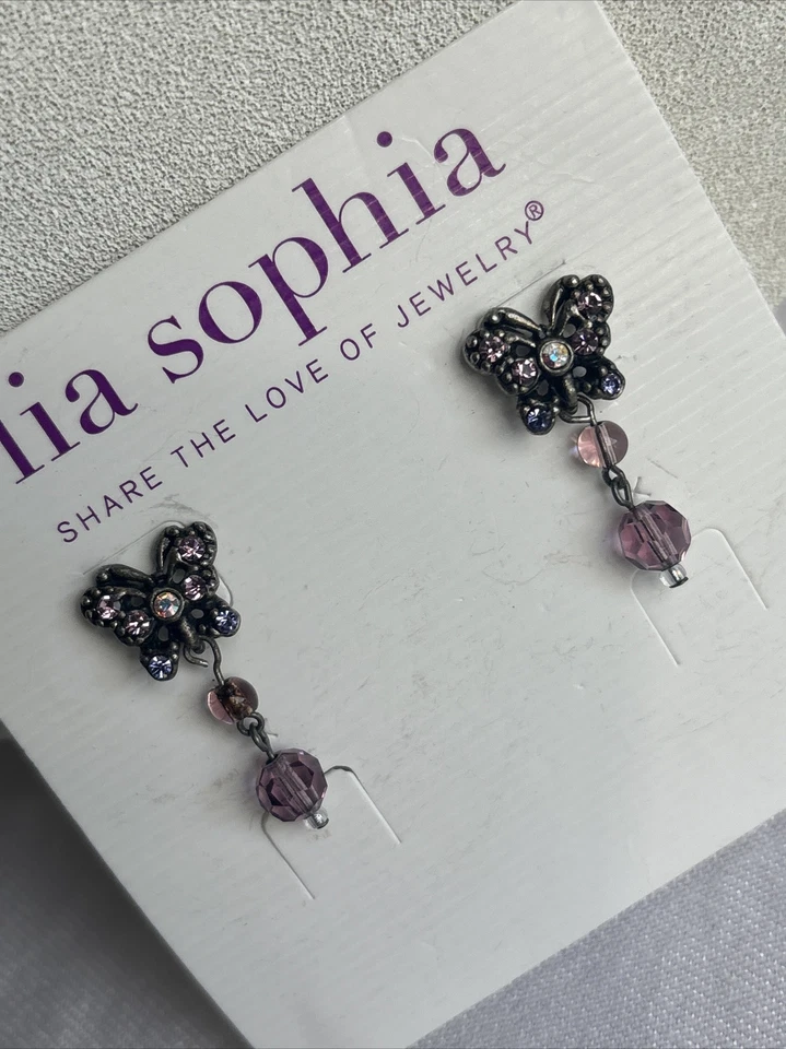 Brincos de borboleta Lia Sophia antigos tom prata roxo rosa cristais AB assinados - Imagem 2 de 4
