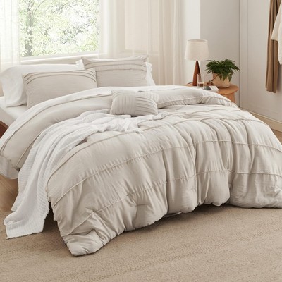 Bedsure Queen Comforter Pieces Pinch Pleat Bed Beige Boho Bedding for All Season