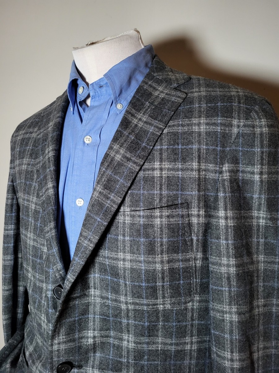 Bespoke Gray Blue Flannel Plaid Blazer Sport Coat Jacket Blazer 42R  Unconstruct