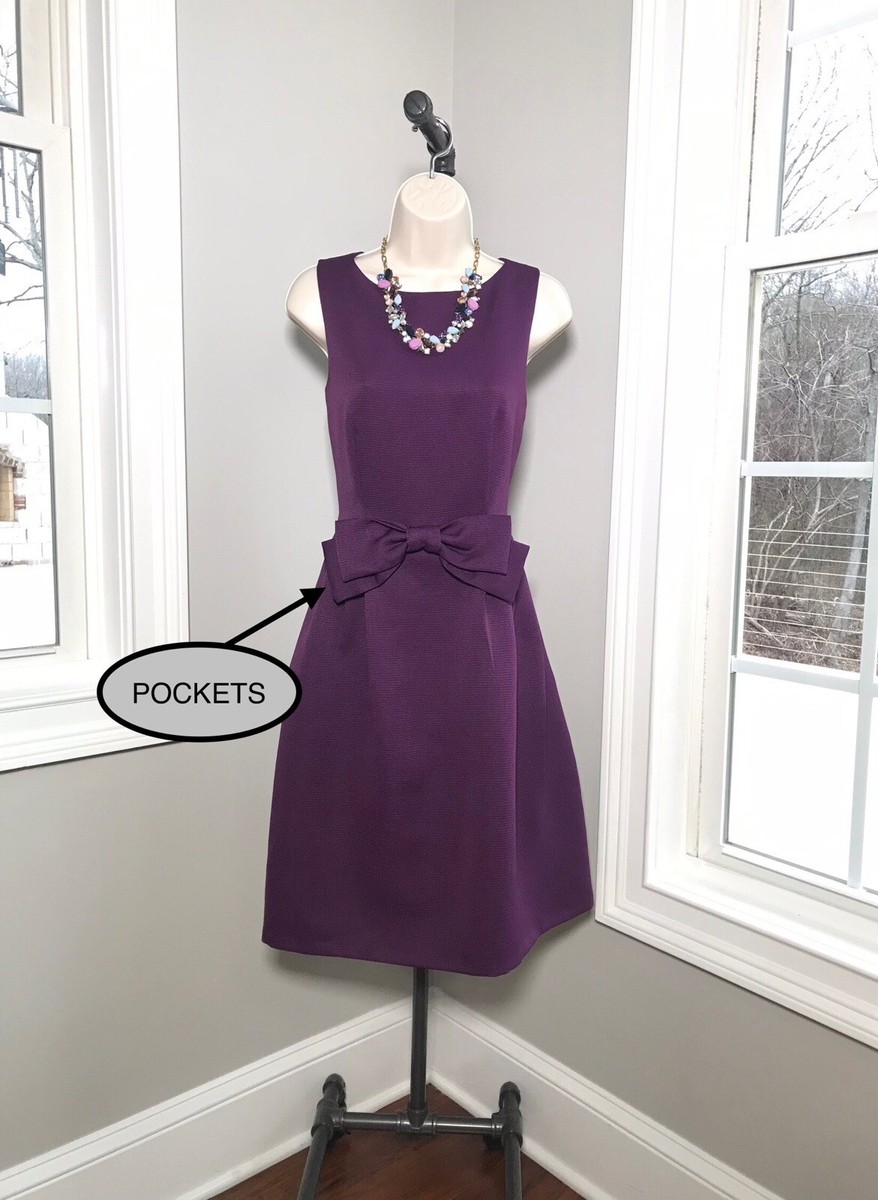 Tahari Sleeveless Purple A-Line Dress Pockets & Bow ~ Women's 8 EUC