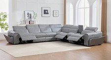NEW Gray 142" Wide Modern Power 3-Recliner Sectional Adj Headrests w/ BT Speaker