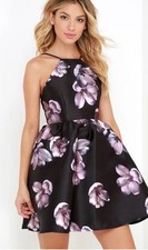 LuLus Botanical Bliss Mini Prom Flare Halter Dress Black Pink Floral M