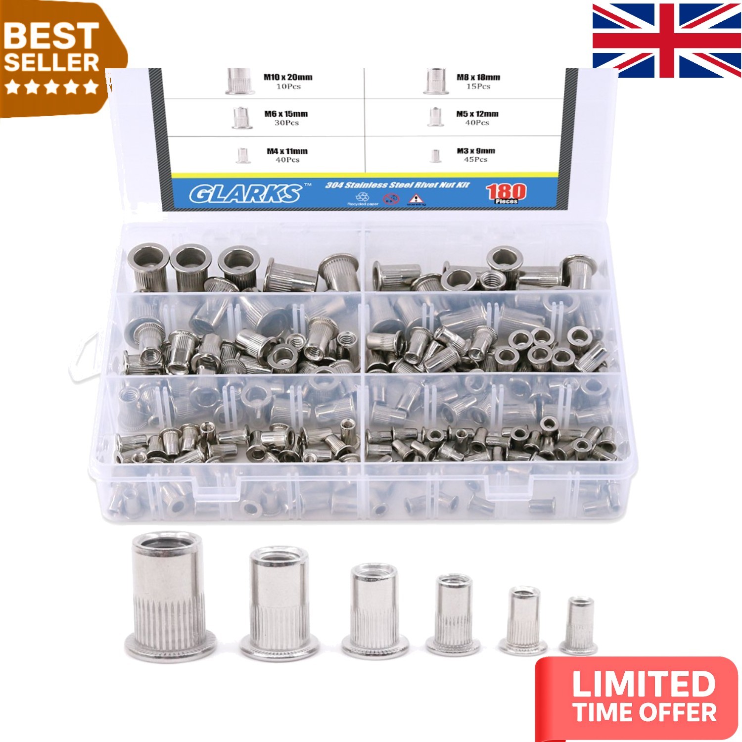 180-Piece Rivet Nut Assortment - Versatile M3 to M10 Stainless Steel