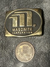 Masonite Corporation Belt Buckle W/ Coin 1985 Anacortes Brass Works