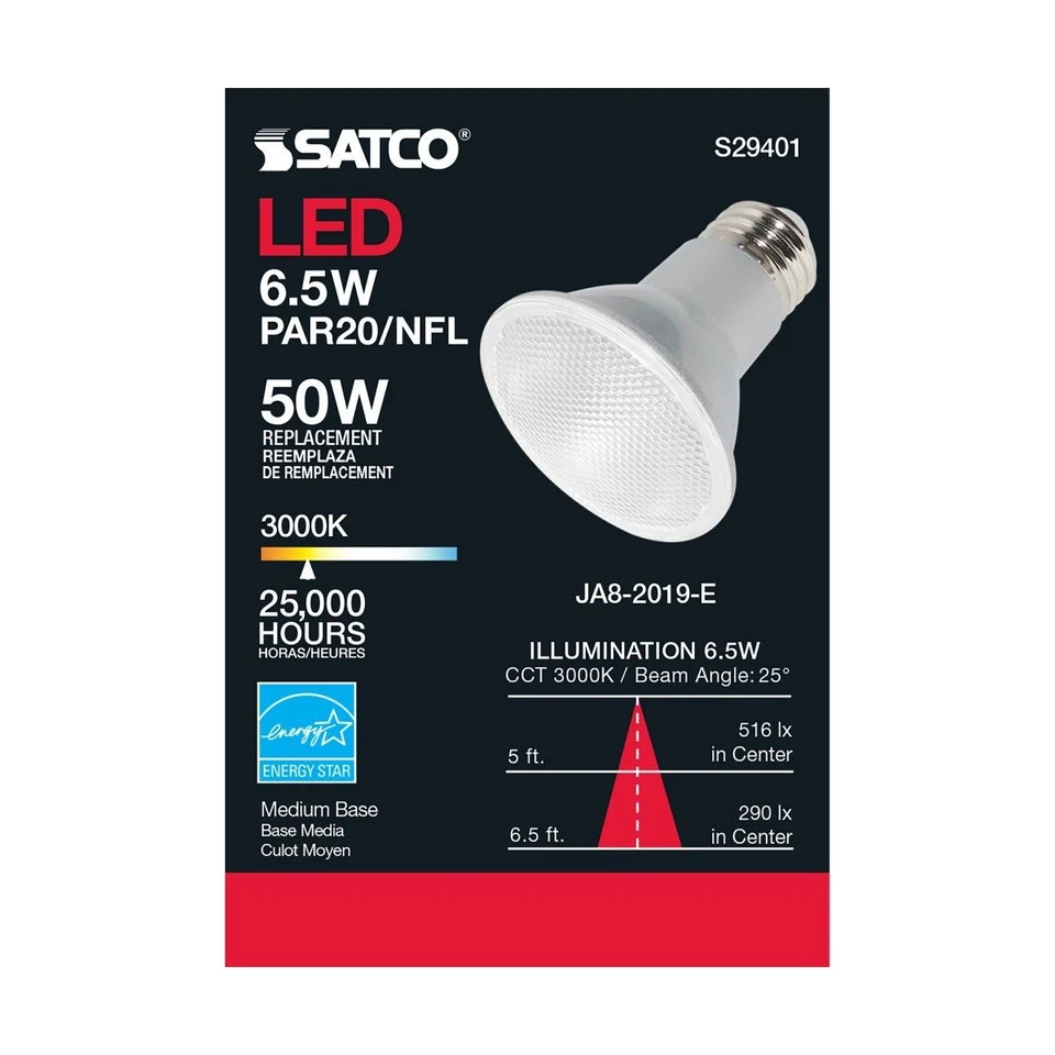 SATCO S29401 - 6.5 Watt PAR20 LED Bulbs - 3000K - 25 deg. Beam Angle (6 Pack) - Image 2 of 4